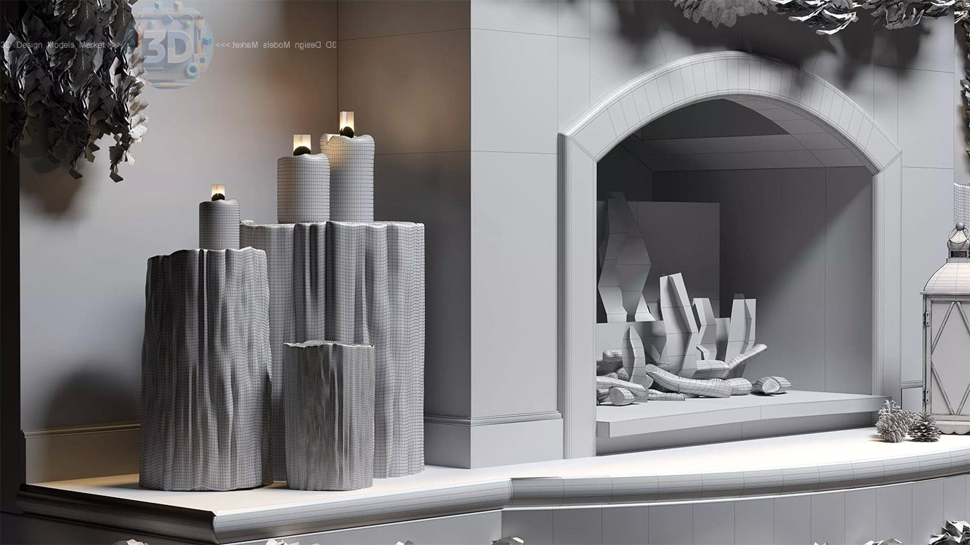 Stone Fireplace with Pine Decor 3D model