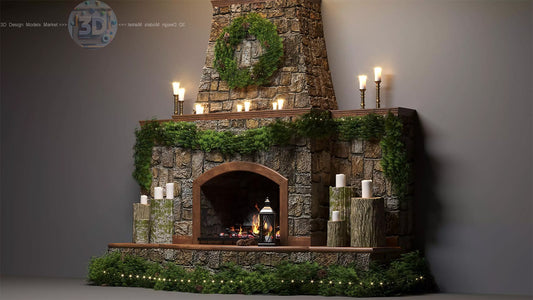 Stone Fireplace with Pine Decor 3D model