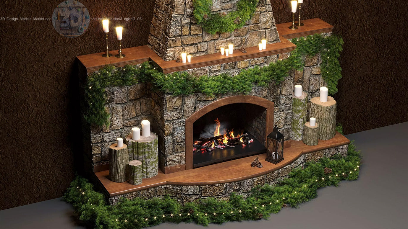 Stone Fireplace with Pine Decor 3D model