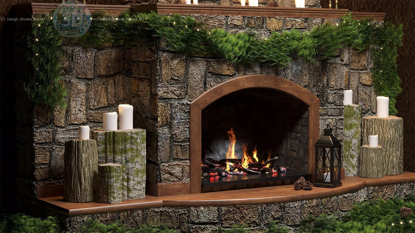 Stone Fireplace with Pine Decor 3D model