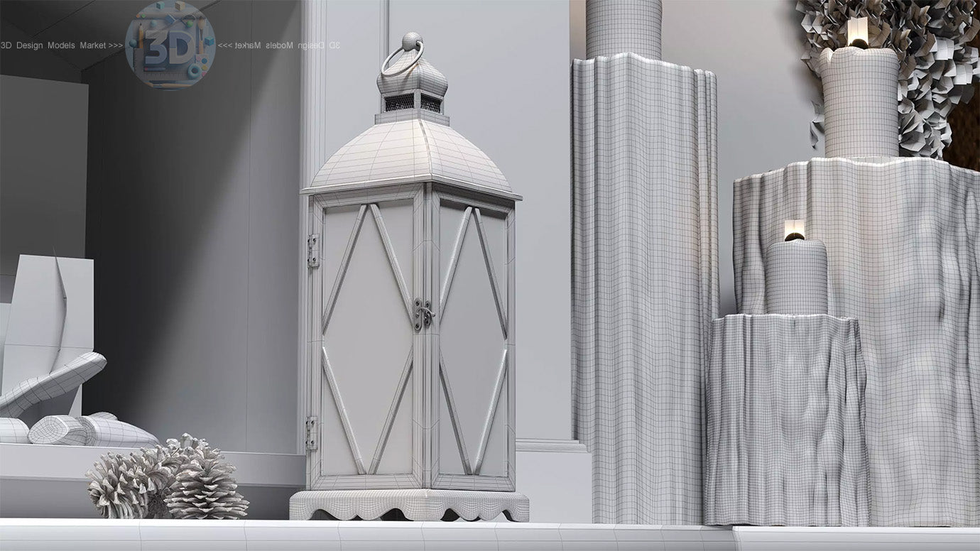 Stone Fireplace with Pine Decor 3D model